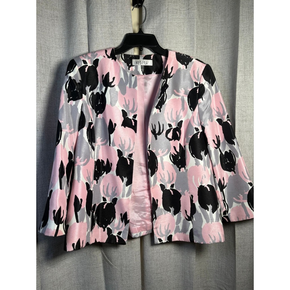 Women Pink Black Abstract Floral Tulip Print Open Front Blazer Jacket